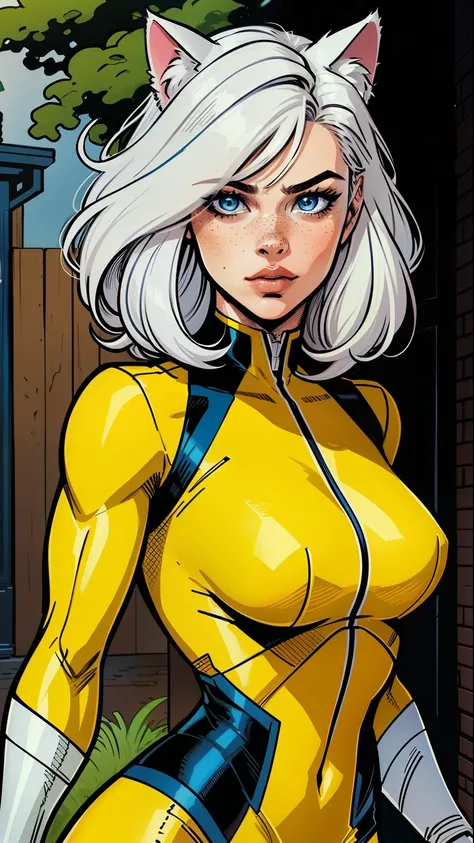 A woman, white hair, hair with bangs, 90s x-men uniform, outside, Marvel art style, comic, cat ears, blue eyes, freckles, yellow spandex