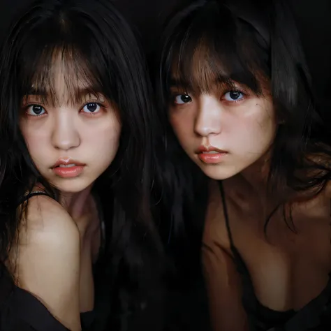 identical twin sisters、highest quality, spectacular realistic, ((in the pitch black darkness :1.4)), ((portrait:1.5)),(background: dark ) high contrast ,great picture, lowest lux, lighting face, she is comfortable, not wearing anything,  , looks incredible...