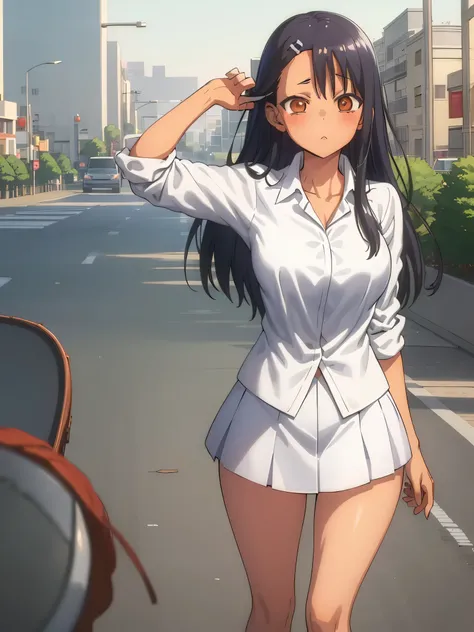 1girl, solo, ((masterpiece:1.2)), best quality, nagatoro hayase, pretty face, large_breasts, cowboy shot, looking_at_viewer, light , city street background, school uniform, sexy legs, hand on hair, perfect anatomy, perfect hands, 