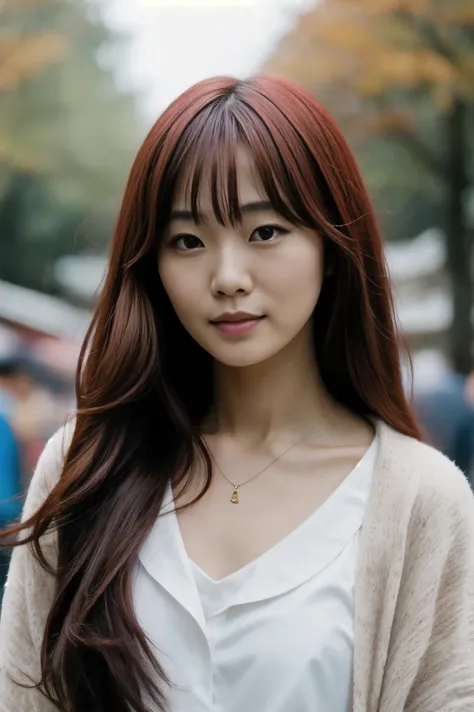 realistic, beautiful japan girl , long (red hair:1.2)