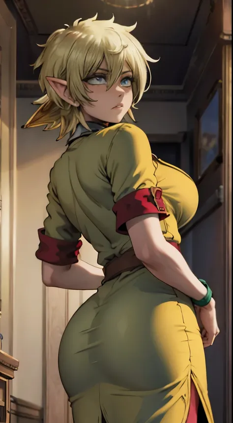 link, 1boy, solo, femboy, Elf male, agachado light skin,, dressed up as mother claus, vestido, UHD, olhos perfeitos, cabelos realistas, perfect hands, textura de pele, melhor qualidade de reflexos, roupas detalhada, 3d, Cartoon, fundo escuro, ass, big ass
