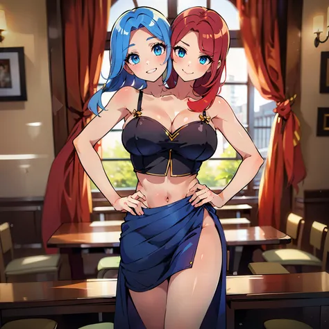 (masterpiece),(ultra-detailed), (high quality), (high resolution), (best quality:1.5, highres, UHD), highres, absurdo, ultra detail, ultra quality, Ultra resolution, 16k, 1girl, (2heads:1.5), girl with two heads, ((red hair)), ((blue hair)), different hair...