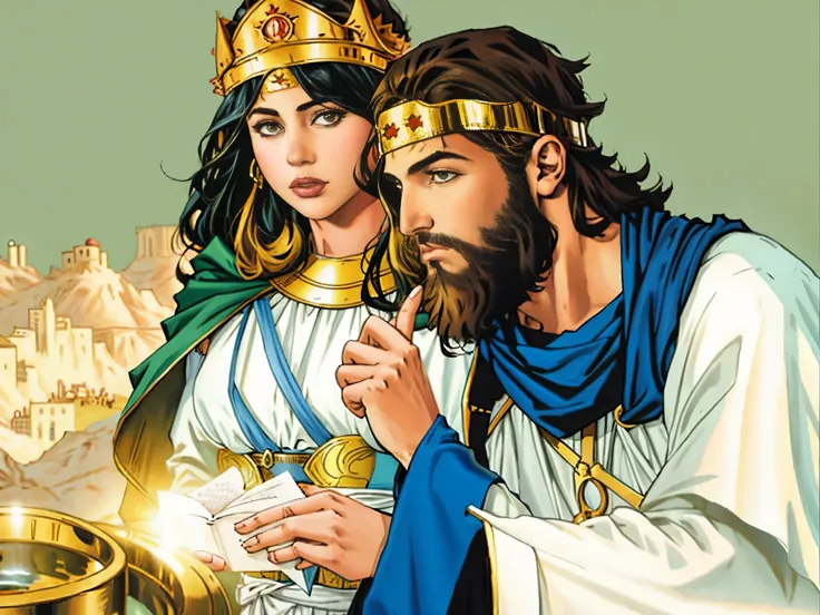 theres a man with a beard. Next to the man is a woman with a crown on her head.. Biblical setting. biblical costumes. biblical style. comic book style. estilo anime.