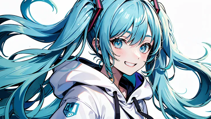 (((no background))),masterpiece, high quality, High resolution,hatsune miku,twin tails,Super detailed, 8k, 1 girl,A big smile,grin eyes,body whole,dynamic pose,platinum gray hair, blue hair, colorful hair, gradient hair, looking at the viewer, colorful eye...