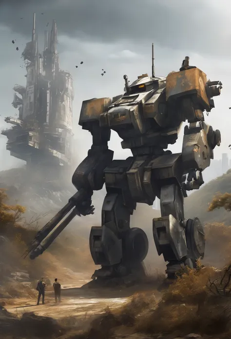 the main body of the picture is an abandoned mecha，its body is partly made of rusty metal，the mecha&#39;s shell is covered with ...