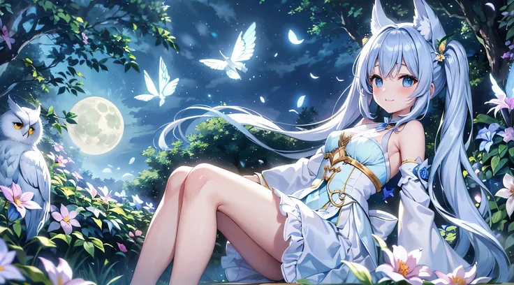 dynamic angle、 in the magical forest, A mysterious fairy girl appears, light blue long hair、The hairstyle is twintails、adorable smile、Moonlight twinkle,  flowers bloom、A big pure white owl is flying、、wood々While fluttering among the shining fireflies, Many ...