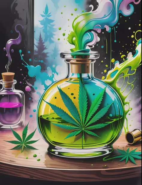 a magical perfume bottle, filled with marijuana goo  colorsplash