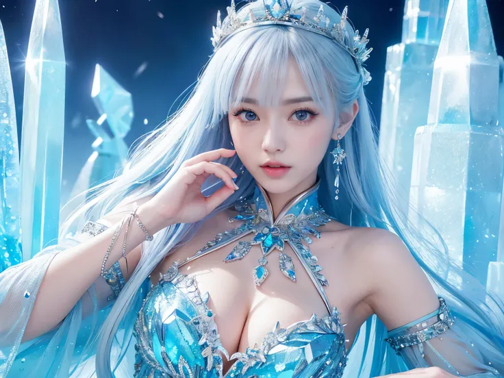 宮殿の床に横たわるIce Queen, she is lying on her back, relaxed pose,( absurdly , high quality , Super detailed,(See photographer )Ice Queen,Detailed and beautifully colored crystal mini dress costume,ice queen,ice World,fantasy palace of god