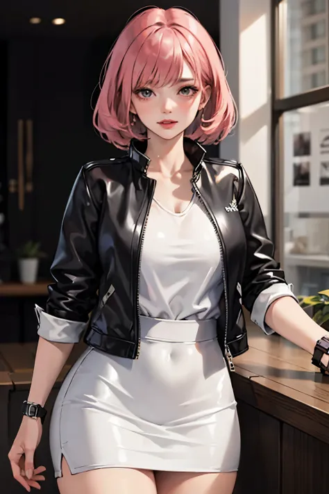 (Masterpiece: 1.2, highest quality), 1 mature woman, solo, upper body), bob hair, curvaceous, smooth straight hair, stylish lip color, luxury watch and jelly, black jacket, white shirt, black tight skirt , inside the company, looking at me, shy, blushing,