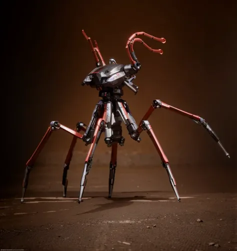 giant Ultra advanced biomechanical insectoid robot drone, black and red metal, has cameras, sensors and antennas, has mechanical insectoid legs, mechanical tentacles, it is in post apocalyptic desert, sunny day, top view, 4k, ultra detailed image, realisti...