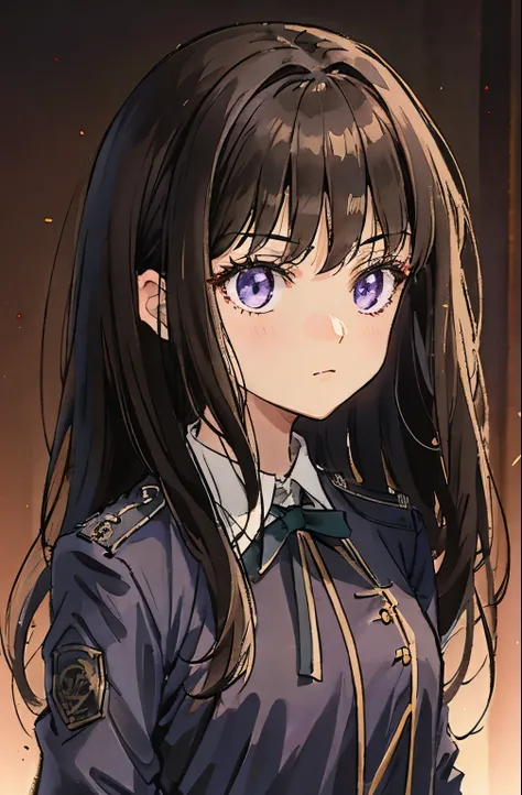 Beautiful and cute girl with menacing glare, 1girl in, Solo, Long hair, A dark-haired,Purple eyes, hair messy, long hair bangs, Beautiful detailed eyes, Looking at Viewer, deadpan, Closed mouth, Portrait, Bangs, Dark blue uniform,Y shirt,Tie Ribbon, Upper ...