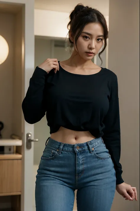 Korean woman, (40 years old), hair tied in a bun, 8k resolution render, huge thighs, (huge busts without nudity), wearing tight blue jeans, long black sleeve blouse , standing, the background is completely white, excited 