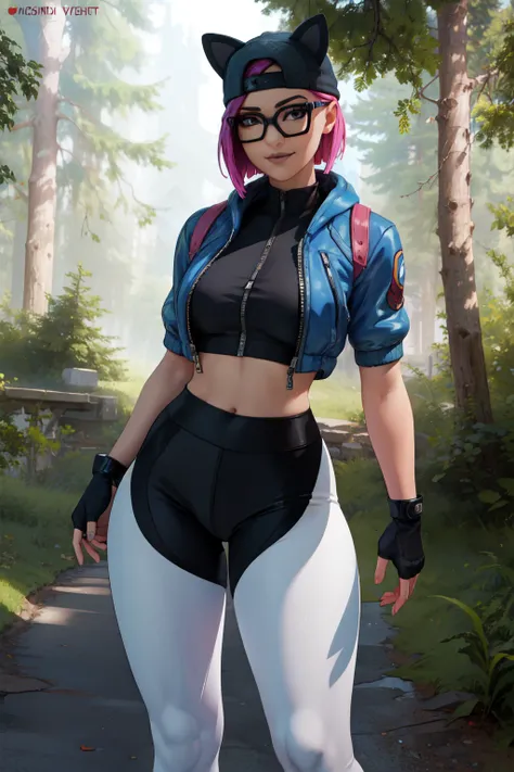 1 girl, (masterpiece), (best quality), standing, (solo), looking at viewer, high detailed,extremely detailed, fine eyes, smile,dynamic pose, short pink hair,cap,crop top, jacket,fingerless glove,curvy,forest,glasses,(gray leggings),(portrait:1.2),