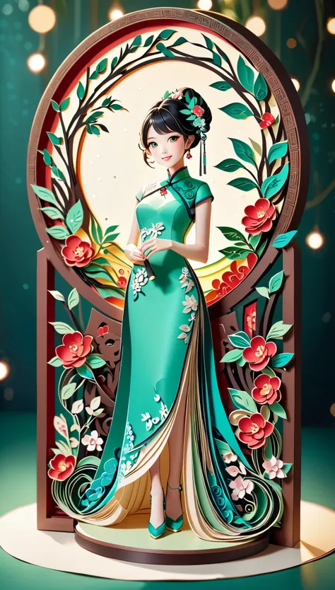 (paper art,layered paper art,paper quilling,paper-cut,paper sculpture), 1 Cheongsam woman，Slender figure，perfectly proportions，Delicate hair accessories, full body, smile，Oriental elements，simple background, mint green, (Soft Lighting, Bokeh)