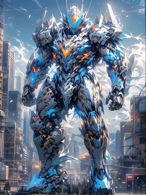 8K resolution, (((masterpiece))), (((highest quality))), (((super detailed))), ((very delicate)), Giant Mechs, cool, stylish, Hero, special effects, Ultraman, Blue armor, Eyes glow silver, urban area, destroyed city, whole body, dynamic, pull composition