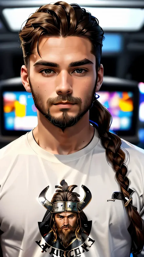 1 male, 27 years old, (long Viking-style braided hair:1.3), Viking beard, wearing a (black long-sleeve tee:1.1), (Mexican descent:1.1), dark-brown hair, fit, athletic, thick eyebrows, facing the viewer, reporting the news, 