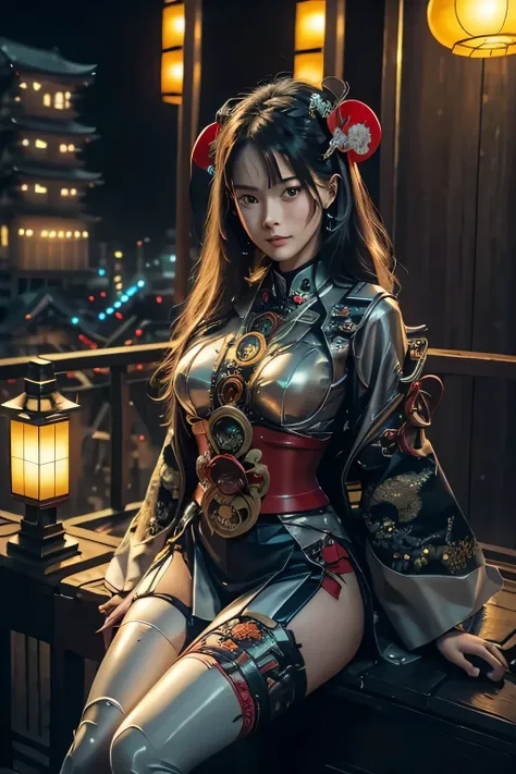 Japanese mechanical geisha, beautiful image, (highly detailed face 1.6), (detailed legs 1.2), (detailed feet 1.2), hourglass body, ultra detailed, beautiful girl, Lovely very large breasts and very large hips, dynamic hair, long straight hair, white long s...