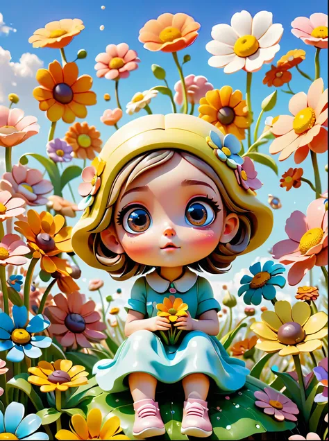 Very realistic 3D rendered images，With amazing views。Avatar style color scheme，The theme is a world of spring flowers，A super cute  character IP，charming big eyes，Sitting on a huge flower in front of the audience，seems to be dreaming，clear sky，Pixel，IP，bli...