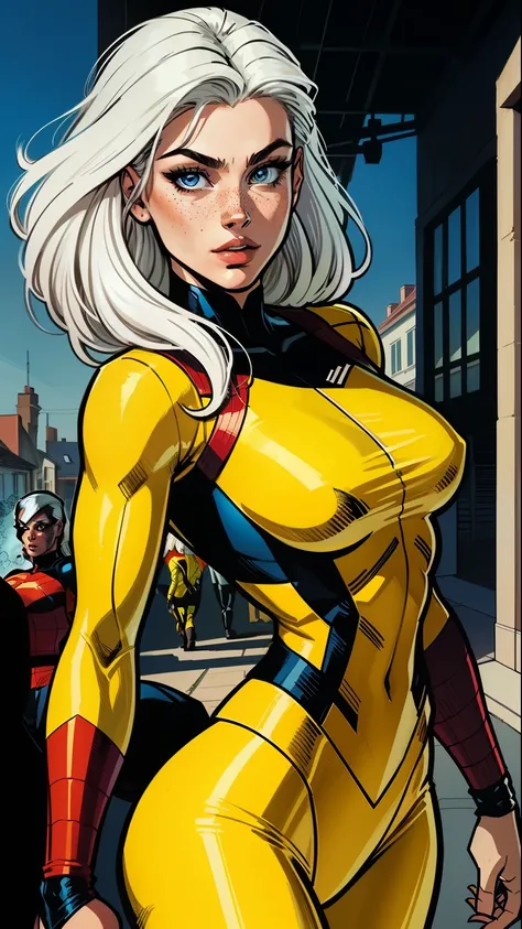 A woman, white hair, hair with bangs, 90s x-men uniform, outside, Marvel art style, comic, blue eyes, some freckles, dark yellow spandex