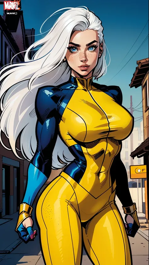 A woman, white hair, hair with bangs, 90s x-men uniform, outside, Marvel art style, comic, blue eyes, some freckles, dark yellow spandex