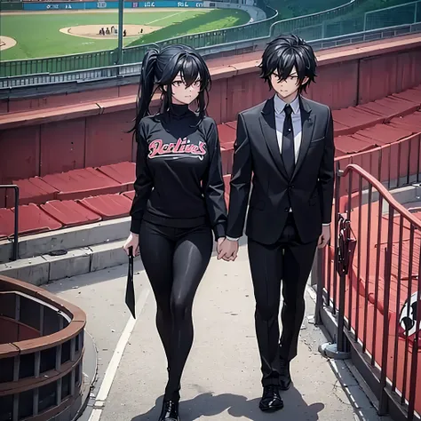 a man holding his wifes hand, wearing a black baseball uniform in a baseball stadium
