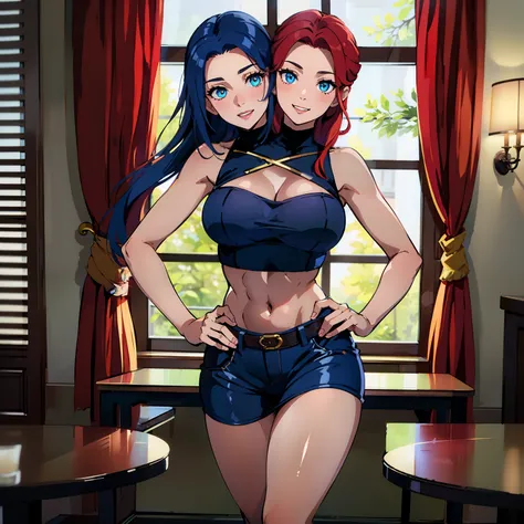 (masterpiece),(ultra-detailed), (high quality), (high resolution), (best quality:1.5, highres, UHD), highres, absurdo, ultra detail, ultra quality, Ultra resolution, 16k, 1girl, (2heads:1.5), girl with two heads, ((red hair)), ((blue hair)), different hair...