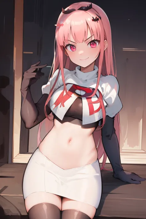 (masterpiece:1.2), (best quality:1.2), (sharp detail:1.2) highres, absurdres, best quality, intricate, ultra-detailed, 8k wallpaper, perfect face, beautiful detailed eyes, calliope mori, head ornament,solo, 1girl, (smug:1.2), pink eyes, smile, team rocket...
