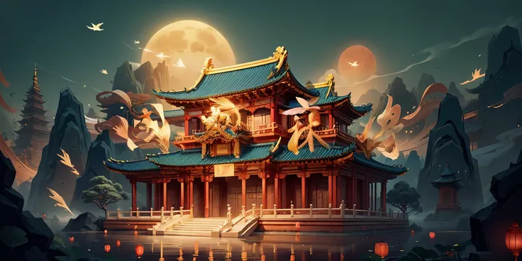 高阁palace, Silk is wrapped around the beam，no humans, (big moon)，an osmanthus tree，lantern，palace，Chinese architectural motifs，Cloud, Beautiful Chinese style，Ivory Gold AI, golden curve，masterpiece,Super exquisite,hard,super rich,Super detailed,32k