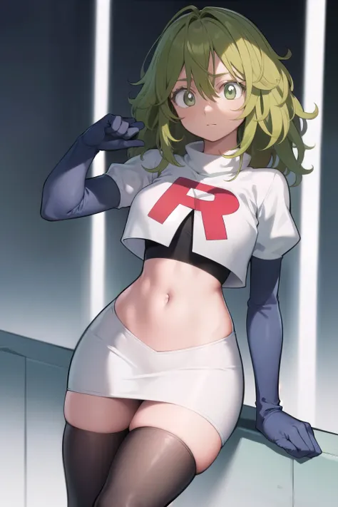tooruhagakure, tooru hagakure, (green eyes:1.5), green hair, messy hair, multicolored hair, thick eyelashes, two-tone hair,
BREAK team rocket,team rocket uniform, red letter R, white skirt,white crop top,black thigh-highs,black elbow gloves
BREAK looking a...