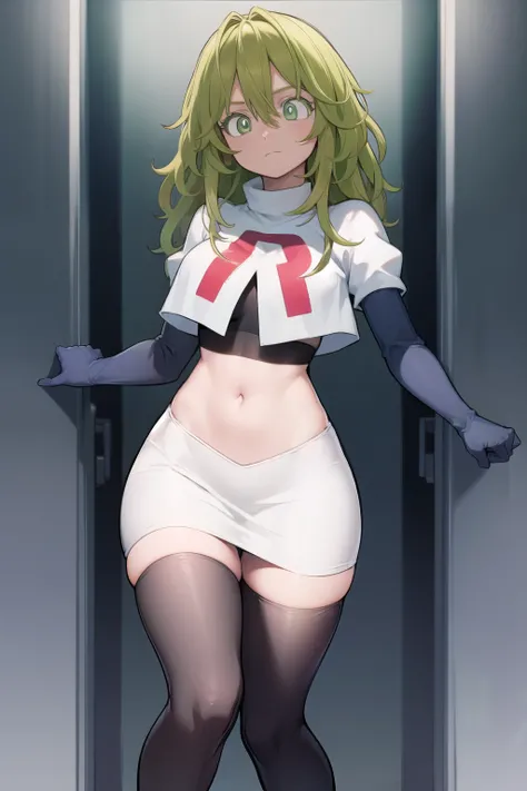 tooruhagakure, tooru hagakure, (green eyes:1.5), green hair, messy hair, multicolored hair, thick eyelashes, two-tone hair,
BREAK team rocket,team rocket uniform, red letter R, white skirt,white crop top,black thigh-highs,black elbow gloves
BREAK looking a...