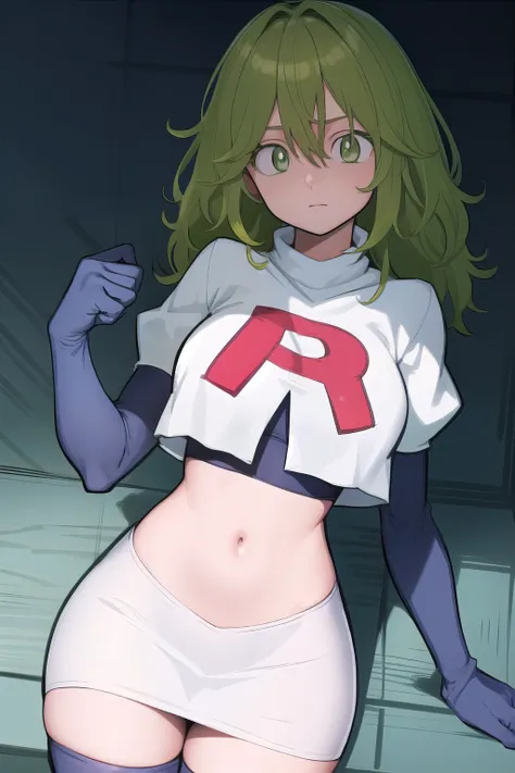 tooruhagakure, tooru hagakure, (green eyes:1.5), green hair, messy hair, multicolored hair, thick eyelashes, two-tone hair,
BREAK team rocket,team rocket uniform, red letter R, white skirt,white crop top,black thigh-highs,black elbow gloves
BREAK looking a...