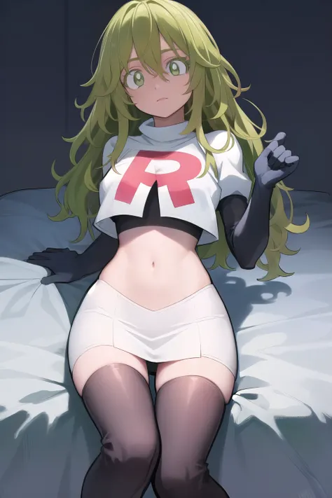 tooruhagakure, tooru hagakure, (green eyes:1.5), green hair, messy hair, multicolored hair, thick eyelashes, two-tone hair,
BREAK team rocket,team rocket uniform, red letter R, white skirt,white crop top,black thigh-highs,black elbow gloves
BREAK looking a...