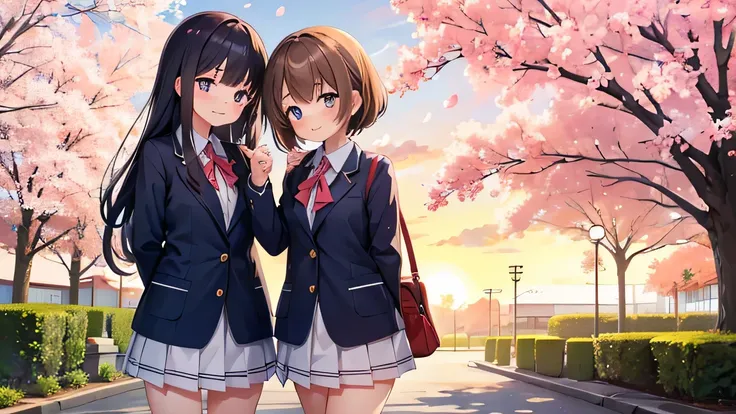 Two cute junior high school girls、wearing school uniform, We face each other under the cherry tree where the school building is located as the sun sets..、Please draw the scene in which one of you shyly confesses in the highest quality possible..。