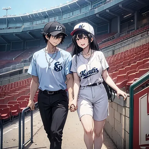 a man holding his wifes hand, in a baseball stadium
