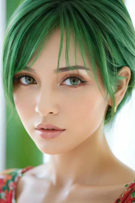 mulher realista、Cabelo verde、olhos verdes, sexy, boca carnuda completoＨＤ、