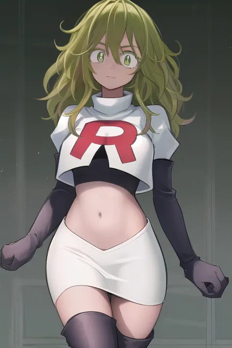 tooruhagakure, tooru hagakure, (green eyes:1.5), green hair, messy hair, multicolored hair, thick eyelashes, two-tone hair,
BREAK team rocket,team rocket uniform, red letter R, white skirt,white crop top,black thigh-highs,black elbow gloves
BREAK looking a...