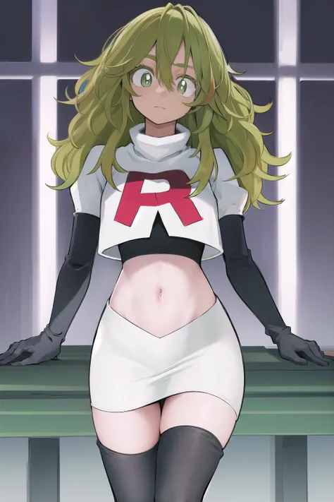 tooruhagakure, tooru hagakure, (green eyes:1.5), green hair, messy hair, multicolored hair, thick eyelashes, two-tone hair,
BREAK team rocket,team rocket uniform, red letter R, white skirt,white crop top,black thigh-highs,black elbow gloves
BREAK looking a...