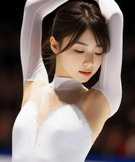 25 year old asian woman, clear makeup, long eyelashes, figure skater, woman with acting skills, alone, capture the final pose at...