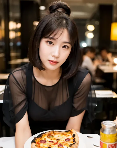 araffe asian woman sitting at a table with a pizza in front of her, beautiful south korean woman, korean girl, gorgeous young korean woman, beautiful young korean woman, korean woman, beautiful asian girl, asian girl, a young asian woman, young asian girl,...