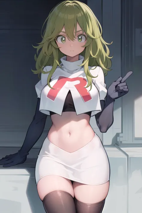 tooruhagakure, tooru hagakure, (green eyes:1.5), green hair, messy hair, multicolored hair, thick eyelashes, two-tone hair,
BREAK team rocket,team rocket uniform, red letter R, white skirt,white crop top,black thigh-highs,black elbow gloves
BREAK looking a...