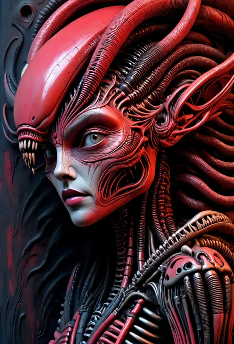 borg alien queen, bizarre human, dynamic, masterful red palettee rich colors pale skin, cute face, concept design, oil paint art...