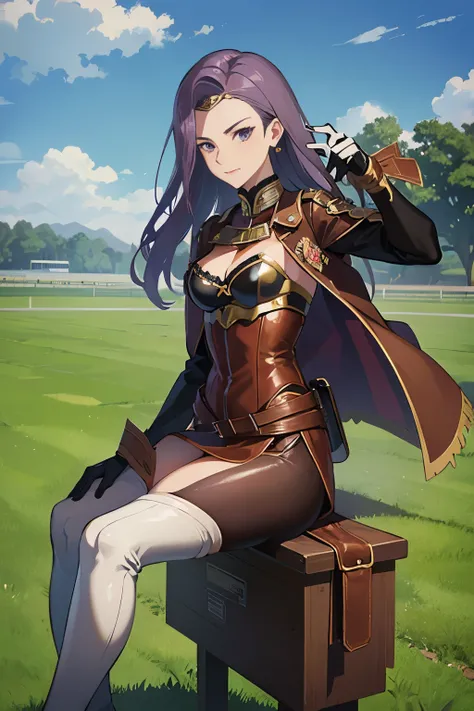 defsonya, purple hair, (((full body))), jodhpurs, riding pants, tight pants, (pants), beige pants riding coat, (((tailcoat))), red tailcoat, equestrian, equestrienne, ((riding crop)), (((brown leather thigh high boots))), (((brown leather thigh-high boots)...