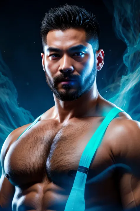 A chinese man with blue mists surrounding his eyes. Hunky, beefy, muscled, wide, hunk, hairy, very hairy chest. Theres a unnatural diamond-blue glow in his eyes