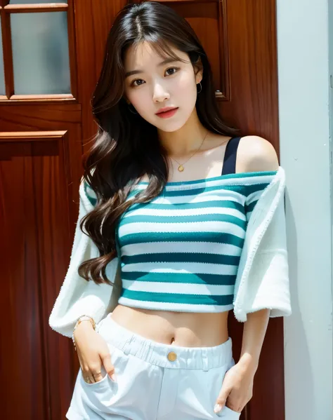 arafed asian woman in striped top and shorts posing for a picture, jaeyeon nam, korean girl, heonhwa choe, gorgeous young korean woman, asian girl, beautiful young korean woman, beautiful south korean woman, young asian girl, wearing a sexy cropped top, ph...