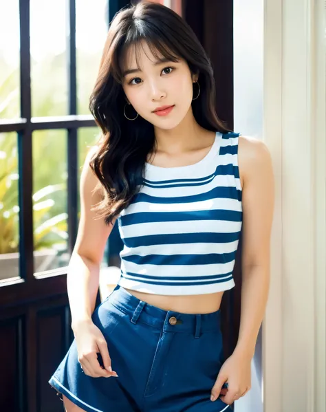 arafed asian woman in striped top and shorts posing for a picture, jaeyeon nam, korean girl, heonhwa choe, gorgeous young korean...