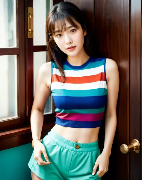 arafed asian woman in striped top and shorts posing for a picture, jaeyeon nam, korean girl, heonhwa choe, gorgeous young korean...