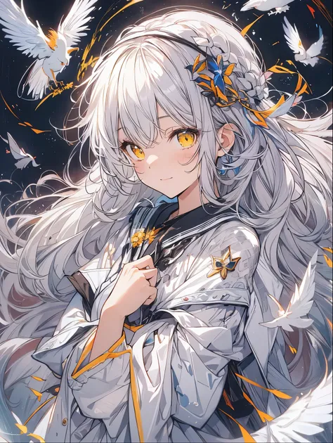 8K resolution, ((highest quality)), ((masterpiece)), ((super detailed)), (very delicate and beautiful), with a girl, solo, gentle expression, she is very(relax)with(Calm)Appearance,gray haired, Depth of the bounds written, bright smile, bright yellow eyes,...