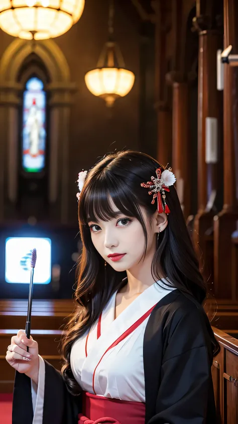 Super detailed、Japanese、charming beauty、seductive adult woman、Beautiful woman、sharp eyes、cool girl、wavy hair、shrine maiden costume、black skirt、wide sleeve、evilの幹部、evil depravity、brainwashing、Mind control、lipstick、grin、evilな表情、evil、empty eyes、evil、church at...