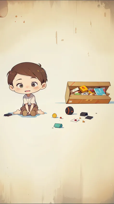 Cartoon of a boy sitting on the floor with a box of food, animated illustration style, daily life, 2D animation, 2 animation, animation stills, animation stills, flat color, 😃😀😄☺🙃😉😗, cartoon stills, cute cartoon, lovely scene, Mother, cartoon style, author...