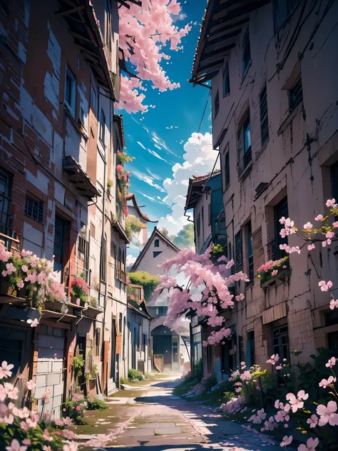 4k, Realista, Muito detalhado, Lente grande angular, damp medieval town, vibrante, fantastic plants, uma casa grande, estilo makoto shinkai, fundo de anime, arte conceitual, (nenhum personagem aparecendo), Realista lighting, epic composition, difuso, (obra...